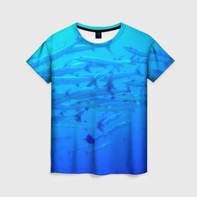Женская футболка 3D с принтом Морская фауна в Кировске, 100% полиэфир ( синтетическое хлопкоподобное полотно) | прямой крой, круглый вырез горловины, длина до линии бедер | fish | fishes | pisces | море | морские обитатели | морской | океан | рыбы
