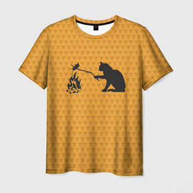Мужская футболка 3D с принтом Кот жарит в Кировске, 100% полиэфир | прямой крой, круглый вырез горловины, длина до линии бедер | еда | костер | кот | кошка | мышь