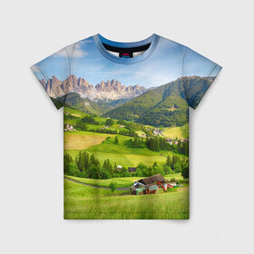Детская футболка 3D с принтом Альпы в Кировске, 100% гипоаллергенный полиэфир | прямой крой, круглый вырез горловины, длина до линии бедер, чуть спущенное плечо, ткань немного тянется | австрия | альпы | германия | горный хребет | горы | италия | красота | лес | лихтенштейн | луг | пейзаж | природа | простор | раздолье | словения | франция | швейцария
