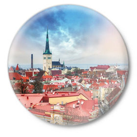 Значок с принтом Таллин (Эстония) в Кировске,  металл | круглая форма, металлическая застежка в виде булавки | estonia | tallin | город | европа | путешествие | таллин | туризм | эстония