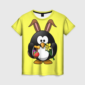 Женская футболка 3D с принтом Пасхальный пингвин в Кировске, 100% полиэфир ( синтетическое хлопкоподобное полотно) | прямой крой, круглый вырез горловины, длина до линии бедер | весна | кролик | пасха | пингвин | праздники | яйцо