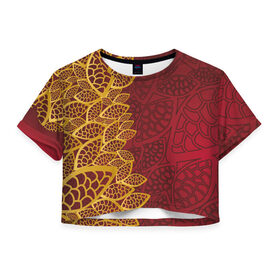 Женская футболка 3D укороченная с принтом Золотое на Красном в Кировске, 100% полиэстер | круглая горловина, длина футболки до линии талии, рукава с отворотами | абстракция | золото | цветы