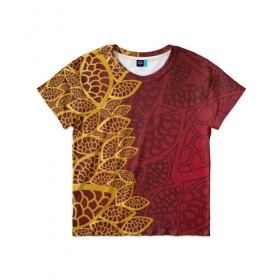 Детская футболка 3D с принтом Золотое на Красном в Кировске, 100% гипоаллергенный полиэфир | прямой крой, круглый вырез горловины, длина до линии бедер, чуть спущенное плечо, ткань немного тянется | абстракция | золото | цветы