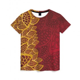 Женская футболка 3D с принтом Золотое на Красном в Кировске, 100% полиэфир ( синтетическое хлопкоподобное полотно) | прямой крой, круглый вырез горловины, длина до линии бедер | абстракция | золото | цветы