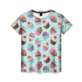 Женская футболка 3D с принтом Милые кексики в Кировске, 100% полиэфир ( синтетическое хлопкоподобное полотно) | прямой крой, круглый вырез горловины, длина до линии бедер | cupcake | deliciouse | lollipop | strawberry | sweets | yummy | вкусняшки | еда | капкейк | капкейки | клубника | конфета | леденец | сладости | черника