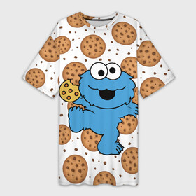 Платье-футболка 3D с принтом Cookie monster в Кировске,  |  | cookie | cookiemonster | delicious | eat | monster | yummy | еда | куки | кукимонстр | монстр | печенье | сладости | улица | улицасезам