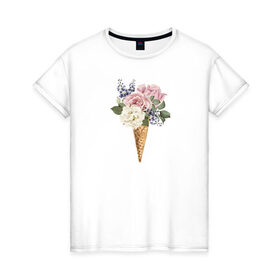 Женская футболка хлопок с принтом Цветочное мороженое в Кировске, 100% хлопок | прямой крой, круглый вырез горловины, длина до линии бедер, слегка спущенное плечо | 