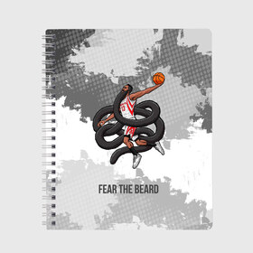 Тетрадь с принтом Fear the Beard в Кировске, 100% бумага | 48 листов, плотность листов — 60 г/м2, плотность картонной обложки — 250 г/м2. Листы скреплены сбоку удобной пружинной спиралью. Уголки страниц и обложки скругленные. Цвет линий — светло-серый
 | hurden | nba | rockets | баскетбол | нба | харден | хьюстон рокетс