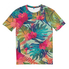 Мужская футболка 3D с принтом Тропический в Кировске, 100% полиэфир | прямой крой, круглый вырез горловины, длина до линии бедер | весна | джунгли | для весны | для лета | лес | лето | листья | текстура | тропики | цветы