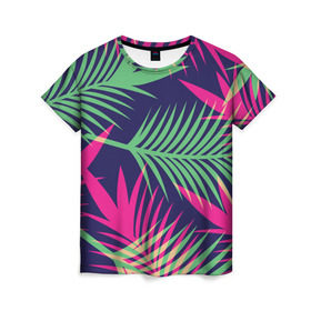 Женская футболка 3D с принтом Листья Пальмы в Кировске, 100% полиэфир ( синтетическое хлопкоподобное полотно) | прямой крой, круглый вырез горловины, длина до линии бедер | весна | джунгли | для весны | для лета | лес | лето | листья | текстура | тропики | тропический | цветы