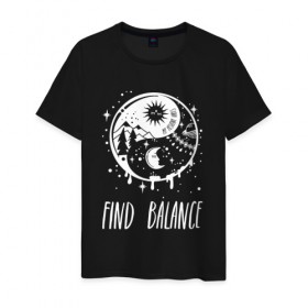 Мужская футболка хлопок с принтом Find balance в Кировске, 100% хлопок | прямой крой, круглый вырез горловины, длина до линии бедер, слегка спущенное плечо. | balance | moon | nature | positive | stars | sun | vibes | баланс | гармония | звезды | инь | луна | небо | природа | символ | солнце | ян