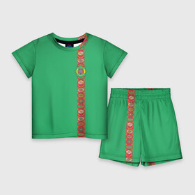 Детский костюм с шортами 3D с принтом Туркменистан, лента с гербом в Кировске,  |  | tkm | tm | trkmenistan | азия | ашхабад | герб | государство | знак | надпись | патриот | полосы | республика | символ | снг | страна | туркмен | туркменистан | туркмения | флаг | флага | цвета