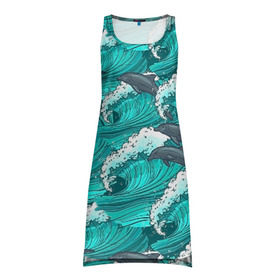 Платье-майка 3D с принтом Дельфины в Кировске, 100% полиэстер | полуприлегающий силуэт, широкие бретели, круглый вырез горловины, удлиненный подол сзади. | dolphins | fish | ocean | pattern | sea | summer | waves | волны | дельфины | лето | море | океан | паттерн | рыбы