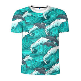 Мужская футболка 3D спортивная с принтом Дельфины в Кировске, 100% полиэстер с улучшенными характеристиками | приталенный силуэт, круглая горловина, широкие плечи, сужается к линии бедра | Тематика изображения на принте: dolphins | fish | ocean | pattern | sea | summer | waves | волны | дельфины | лето | море | океан | паттерн | рыбы