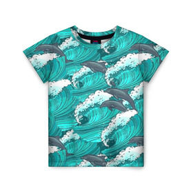 Детская футболка 3D с принтом Дельфины в Кировске, 100% гипоаллергенный полиэфир | прямой крой, круглый вырез горловины, длина до линии бедер, чуть спущенное плечо, ткань немного тянется | dolphins | fish | ocean | pattern | sea | summer | waves | волны | дельфины | лето | море | океан | паттерн | рыбы