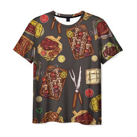 Мужская футболка 3D с принтом Вкуснятина в Кировске, 100% полиэфир | прямой крой, круглый вырез горловины, длина до линии бедер | Тематика изображения на принте: барбекю | еда | кулинария | мясо | повар | стейк | шашлык