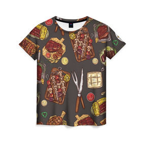 Женская футболка 3D с принтом Вкуснятина в Кировске, 100% полиэфир ( синтетическое хлопкоподобное полотно) | прямой крой, круглый вырез горловины, длина до линии бедер | барбекю | еда | кулинария | мясо | повар | стейк | шашлык