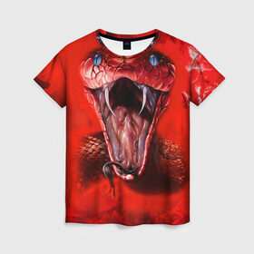Женская футболка 3D с принтом Red Snake в Кировске, 100% полиэфир ( синтетическое хлопкоподобное полотно) | прямой крой, круглый вырез горловины, длина до линии бедер | art | halloween | snake | арт | змея | клыки | красная | мамба | хэллоуин | яд