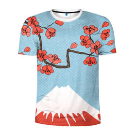 Мужская футболка 3D спортивная с принтом Гора Фудзияма в Кировске, 100% полиэстер с улучшенными характеристиками | приталенный силуэт, круглая горловина, широкие плечи, сужается к линии бедра | белый | вершина | вишня | зима | красный | сакура | синий | снег | япония