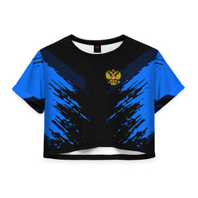 Женская футболка 3D укороченная с принтом Russia-sport collection BLUE в Кировске, 100% полиэстер | круглая горловина, длина футболки до линии талии, рукава с отворотами | abstraction | grunge | russia | sport | абстракция | герб | краска | русский | символика рф | спорт | спортивный | триколор | униформа | форма | я русский