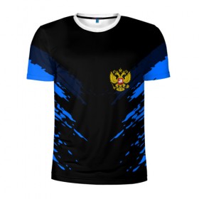 Мужская футболка 3D спортивная с принтом Russia-sport collection BLUE в Кировске, 100% полиэстер с улучшенными характеристиками | приталенный силуэт, круглая горловина, широкие плечи, сужается к линии бедра | abstraction | grunge | russia | sport | абстракция | герб | краска | русский | символика рф | спорт | спортивный | триколор | униформа | форма | я русский