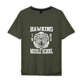Мужская футболка хлопок Oversize с принтом Hawkins middle school в Кировске, 100% хлопок | свободный крой, круглый ворот, “спинка” длиннее передней части | hawkins | stranger things | очень странные дела | хоукинс