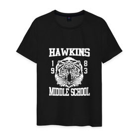 Мужская футболка хлопок с принтом Hawkins middle school в Кировске, 100% хлопок | прямой крой, круглый вырез горловины, длина до линии бедер, слегка спущенное плечо. | hawkins | stranger things | очень странные дела | хоукинс
