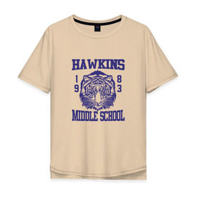 Мужская футболка хлопок Oversize с принтом Hawkins middle school в Кировске, 100% хлопок | свободный крой, круглый ворот, “спинка” длиннее передней части | hawkins | stranger things | очень странные дела | хоукинс