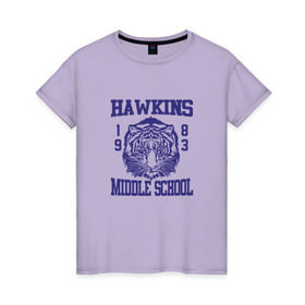 Женская футболка хлопок с принтом Hawkins middle school в Кировске, 100% хлопок | прямой крой, круглый вырез горловины, длина до линии бедер, слегка спущенное плечо | hawkins | stranger things | очень странные дела | хоукинс