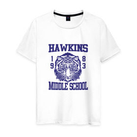 Мужская футболка хлопок с принтом Hawkins middle school в Кировске, 100% хлопок | прямой крой, круглый вырез горловины, длина до линии бедер, слегка спущенное плечо. | Тематика изображения на принте: hawkins | stranger things | очень странные дела | хоукинс