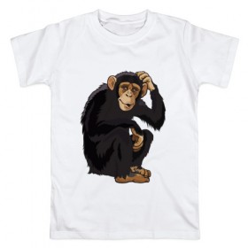 Мужская футболка хлопок с принтом Обезьяна думает в Кировске, 100% хлопок | прямой крой, круглый вырез горловины, длина до линии бедер, слегка спущенное плечо. | думать | животное | мавпа | обезьяна | человек