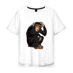 Мужская футболка хлопок Oversize с принтом Обезьяна думает в Кировске, 100% хлопок | свободный крой, круглый ворот, “спинка” длиннее передней части | думать | животное | мавпа | обезьяна | человек