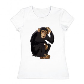 Женская футболка хлопок с принтом Обезьяна думает в Кировске, 100% хлопок | прямой крой, круглый вырез горловины, длина до линии бедер, слегка спущенное плечо | Тематика изображения на принте: думать | животное | мавпа | обезьяна | человек