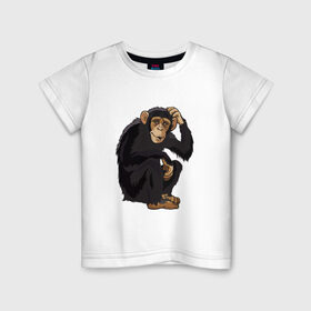 Детская футболка хлопок с принтом Обезьяна думает в Кировске, 100% хлопок | круглый вырез горловины, полуприлегающий силуэт, длина до линии бедер | Тематика изображения на принте: думать | животное | мавпа | обезьяна | человек