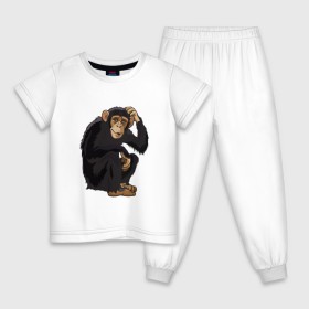 Детская пижама хлопок с принтом Обезьяна думает в Кировске, 100% хлопок |  брюки и футболка прямого кроя, без карманов, на брюках мягкая резинка на поясе и по низу штанин
 | думать | животное | мавпа | обезьяна | человек