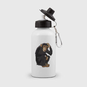 Бутылка спортивная с принтом Обезьяна думает в Кировске, металл | емкость — 500 мл, в комплекте две пластиковые крышки и карабин для крепления | думать | животное | мавпа | обезьяна | человек