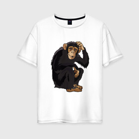 Женская футболка хлопок Oversize с принтом Обезьяна думает в Кировске, 100% хлопок | свободный крой, круглый ворот, спущенный рукав, длина до линии бедер
 | думать | животное | мавпа | обезьяна | человек