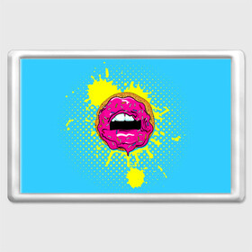 Магнит 45*70 с принтом Donut lips в Кировске, Пластик | Размер: 78*52 мм; Размер печати: 70*45 | Тематика изображения на принте: donut | kiss | lips | pop art | splash | sweet | брызги | губы | пончик | поп арт