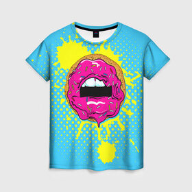 Женская футболка 3D с принтом Donut lips в Кировске, 100% полиэфир ( синтетическое хлопкоподобное полотно) | прямой крой, круглый вырез горловины, длина до линии бедер | donut | kiss | lips | pop art | splash | sweet | брызги | губы | пончик | поп арт