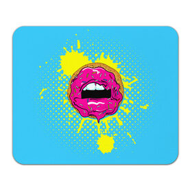 Коврик прямоугольный с принтом Donut lips в Кировске, натуральный каучук | размер 230 х 185 мм; запечатка лицевой стороны | Тематика изображения на принте: donut | kiss | lips | pop art | splash | sweet | брызги | губы | пончик | поп арт