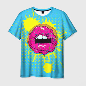 Мужская футболка 3D с принтом Donut lips в Кировске, 100% полиэфир | прямой крой, круглый вырез горловины, длина до линии бедер | Тематика изображения на принте: donut | kiss | lips | pop art | splash | sweet | брызги | губы | пончик | поп арт