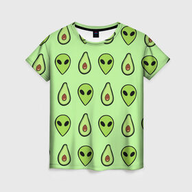 Женская футболка 3D с принтом Green в Кировске, 100% полиэфир ( синтетическое хлопкоподобное полотно) | прямой крой, круглый вырез горловины, длина до линии бедер | alien | food | vegetarian | авокадо | вегетарианство | еда | пришелец