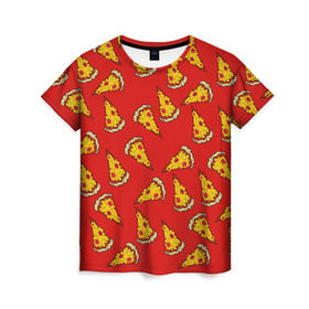Женская футболка 3D с принтом Pizza red в Кировске, 100% полиэфир ( синтетическое хлопкоподобное полотно) | прямой крой, круглый вырез горловины, длина до линии бедер | fast food | pizza | еда | пицца | фастфуд