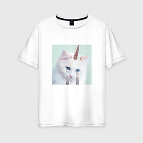 Женская футболка хлопок Oversize с принтом котик единорог в Кировске, 100% хлопок | свободный крой, круглый ворот, спущенный рукав, длина до линии бедер
 | владивосток | единорожек | кот | пушистик | радуга | самара | свэг | слезки