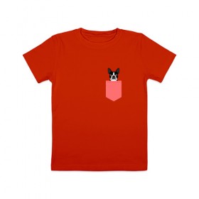 Детская футболка хлопок с принтом доге в кармане в Кировске, 100% хлопок | круглый вырез горловины, полуприлегающий силуэт, длина до линии бедер | Тематика изображения на принте: 