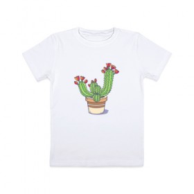 Детская футболка хлопок с принтом Кактус в Кировске, 100% хлопок | круглый вырез горловины, полуприлегающий силуэт, длина до линии бедер | горшок | растение | цветет | цветок