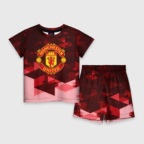 Детский костюм с шортами 3D с принтом Manchester United Abstract в Кировске,  |  | england | football | logo | manchester united | sport | абстракция | англия | арт | геометрия | лига | лого | манчестер | спорт | текстура | фигуры | фк | футбол | футбольный клуб | эмблема