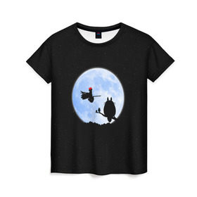 Женская футболка 3D с принтом Totoro and the moon в Кировске, 100% полиэфир ( синтетическое хлопкоподобное полотно) | прямой крой, круглый вырез горловины, длина до линии бедер | anime | moon | myneighbortotoro | night | stars | totoro | аниме | звезды | канта | кодомо | котобус | кусакабэ | луна | мэй | ночь | сусуватари | тацуо | тоторо | хаяомиядзаки | ясуко