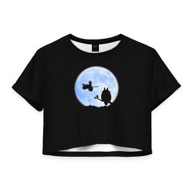 Женская футболка 3D укороченная с принтом Totoro and the moon в Кировске, 100% полиэстер | круглая горловина, длина футболки до линии талии, рукава с отворотами | anime | moon | myneighbortotoro | night | stars | totoro | аниме | звезды | канта | кодомо | котобус | кусакабэ | луна | мэй | ночь | сусуватари | тацуо | тоторо | хаяомиядзаки | ясуко