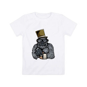 Детская футболка хлопок с принтом Гроссмейстер в Кировске, 100% хлопок | круглый вырез горловины, полуприлегающий силуэт, длина до линии бедер | chess | sport | горилла | животные | мат | обезьяна | примат | спорт | шах | шахматы | шляпа